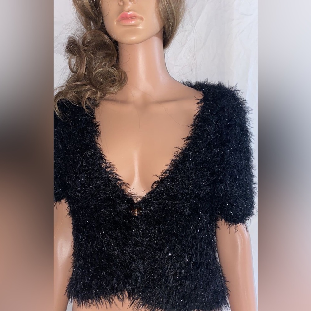 Justice Faux Fur Shimmer Black Bolero Cropped Jacket